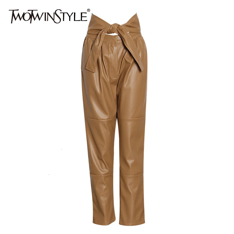 TWOTWINSTYLE женские брюки из искусственной кожи с бантом, высокая талия, на шнуровке, уличная одежда, длинные узкие брюки, осенняя мода, новая одежда