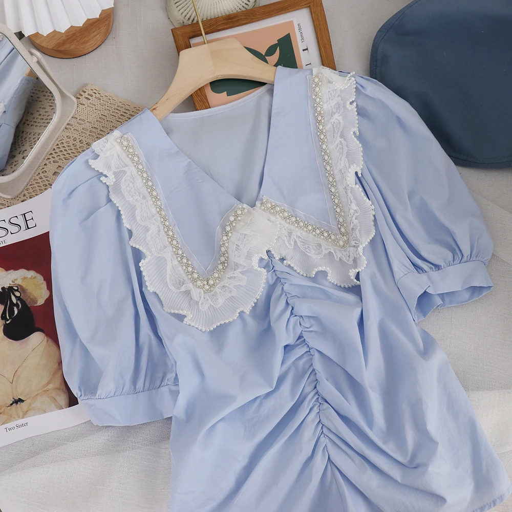 

Kawaii Girl Sweet Fashion Ruffled Peter Pan Collar Beaded Rhinestone Shirt Summer Short Puff Sleeve Short Top