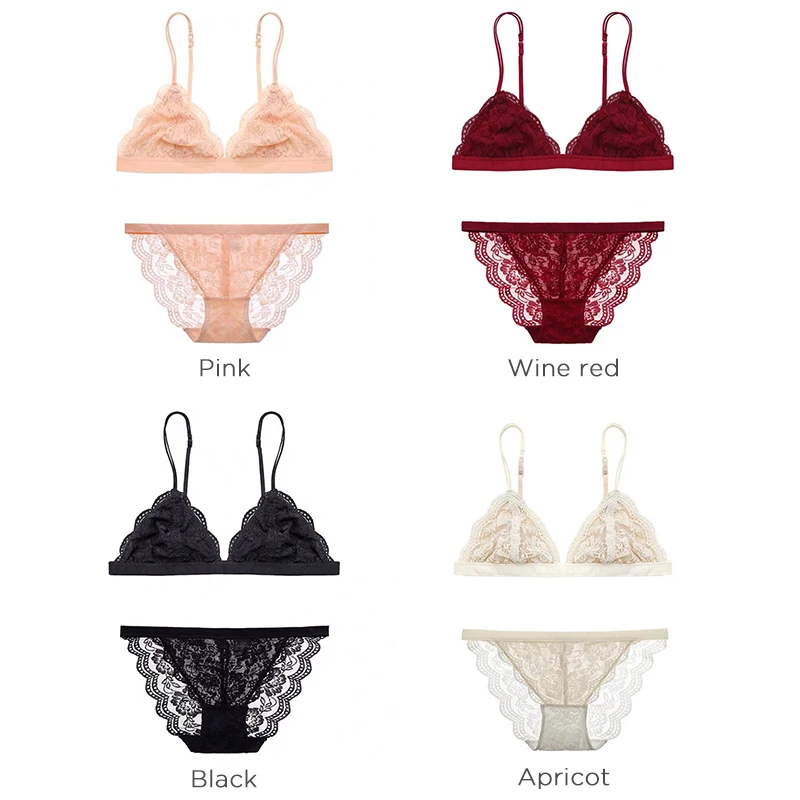 

Unlined Lace Bra & Brief Sets Lingerie Femme Cute Triangle Cup Wire Free Underwear Women Lingerie Set Thin Strap Seamless Bra