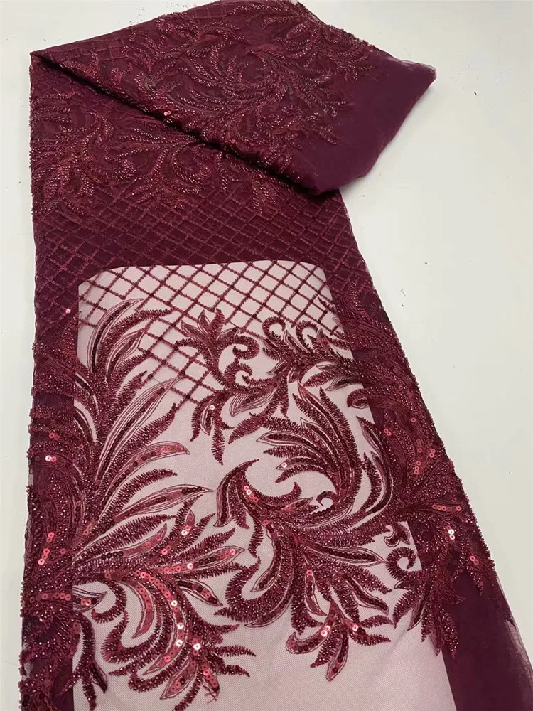 

African Lace Fabric 5 Yards 2021 High Quality wine red Sequin Embroidery Nigerian Wedding for Dress Sewing Lace Material Fyu123