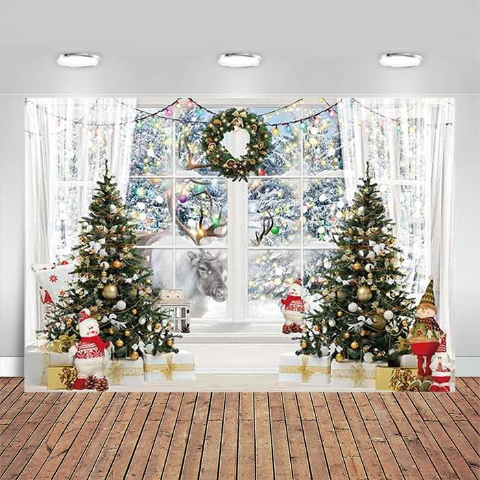 Christmas Window Photography Backdrop Winter Xmas Tree Reindeer Background Snow Holiday Photobooth Portrait Party Banner