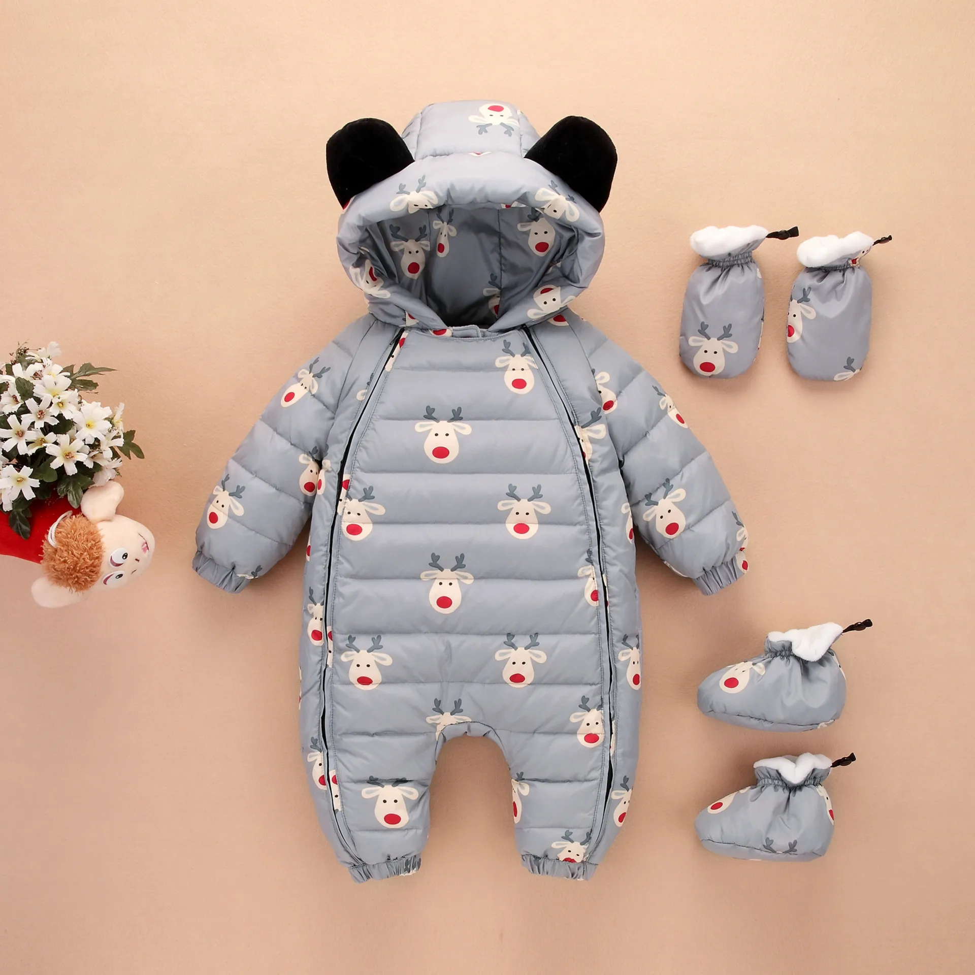 grey Комбинезоны с пальто одежда для малышей теплый детский зимний комбинезон на утином пуху, утепленный комбинезон для маленьких мальчиков и девочек, зимняя одежда для новорожденных, Размер 1 до 2 лет - Цвет: grey