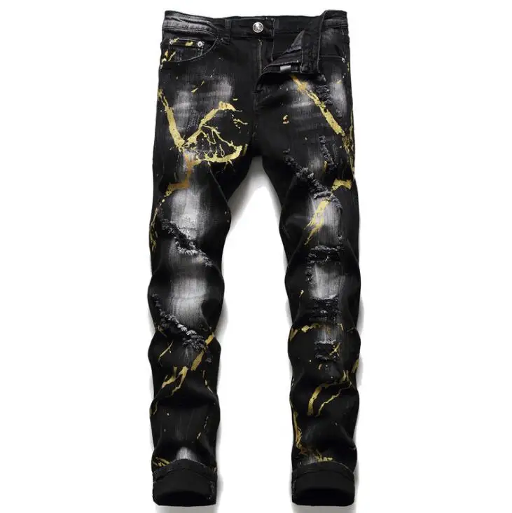 

Зимние рваные джинсы-варёнки мужская одежда pantalones hombre узкого кроя брюки черная краска спрей облегающие тянущиеся брюки