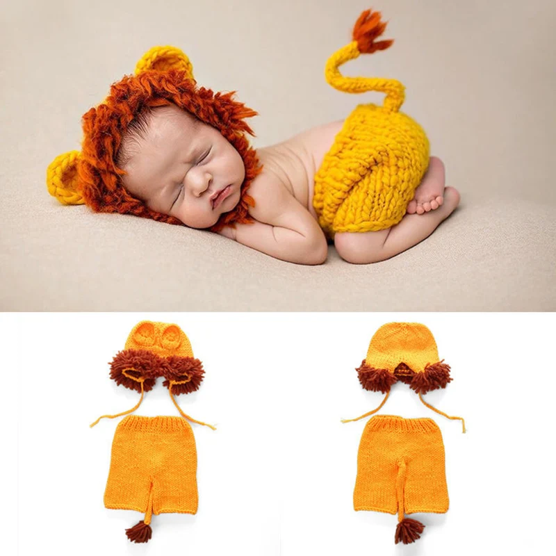 

2 Pcs Hundred Days Baby Photography Props Costume Orange Lion Suits Handmade Knitted Crochet Clothes Babies Accessories Newborn