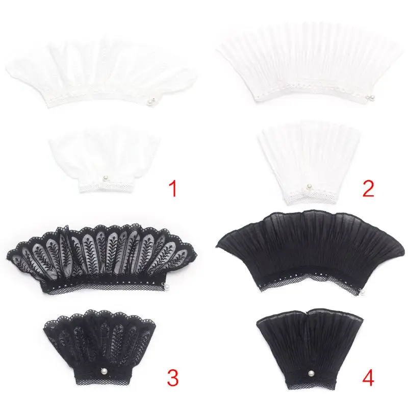 

Girls Fake Flare Sleeves Floral Lace Pleated Ruched False Cuffs Sweater Blouse Apparel Wrist Warmers With Faux Pearl Button