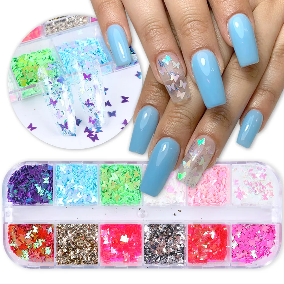 

12 Grids Holographic Butterfly Nail Glitter Flakes 3D Sparkly Gold Foils Sequins Polish Manicure for Acrylic Decoration