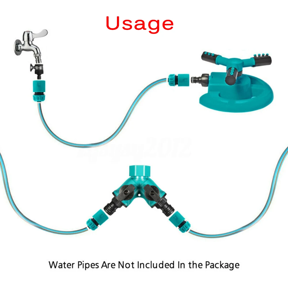

360 Degree Water Sprinkler 3-Arm Rotating Garden Lawn Double Port Connector