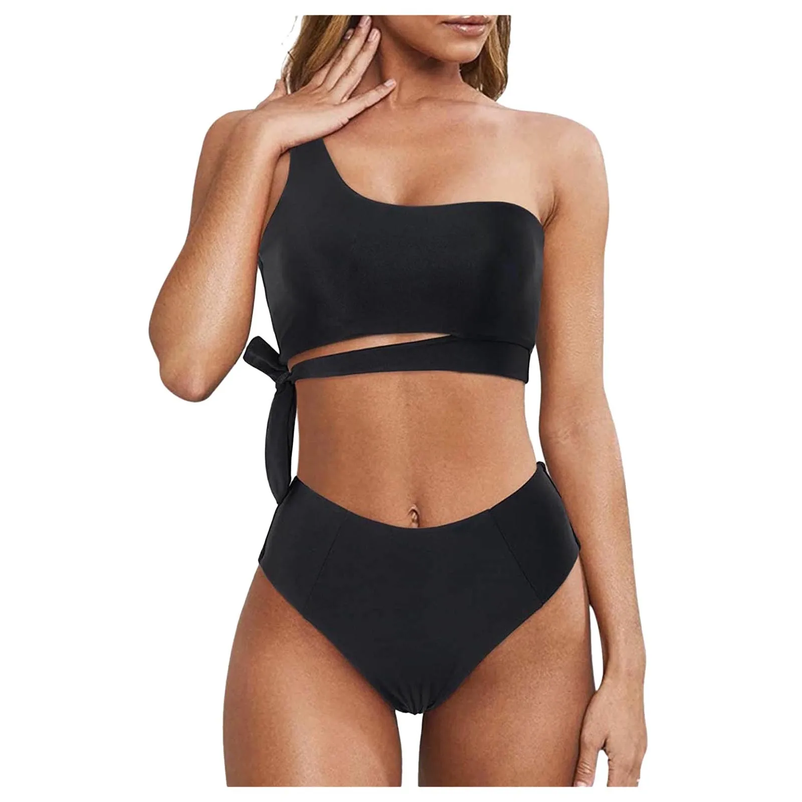 

Women Sexy Bikini Set Solid Color One Shoulder Bandage Push-up Padded Bra Thong Set Swimwear Swimsuit Bathing Suit Beachwear