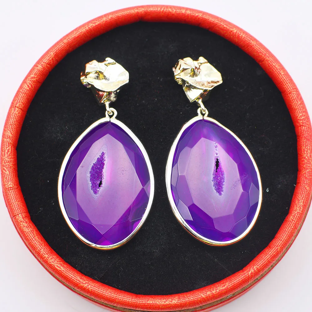 

Female high quality personality New Silver Color Bezel Natural Onyx Agates Dangle Earring Purple Agates Slice Earrings Jewelry