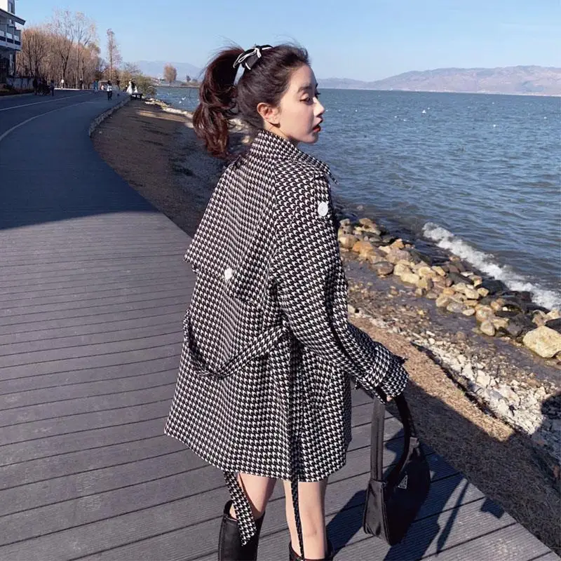 

Houndstooth plaid windbreaker mid-length Korean style loose waist women's clothing women coats coats for women