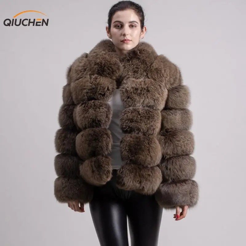 QIUCHEN PJ8139-1,, новое зимнее плотное меховое пальто, куртка из натурального Лисьего меха, высококачественное пальто из лисьего меха, верхняя одежда с воротником-стойкой