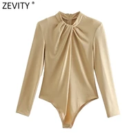 zevity new women fashion o neck knotted decoration bodysuits ladies shoulder padded back zipper slim siamese chic rompers ls7321