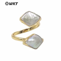 wt r326 rhombus shape pearl engagement ring double freshwater pearl adjustable gold ring women bridesmaid jewelry
