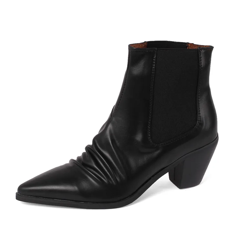 

Full Cowhide Design Pleated Western Cowboy Boots Fall Winter Crude Heel Pointed Women Shoes Slip-On Black White Ankle Booties
