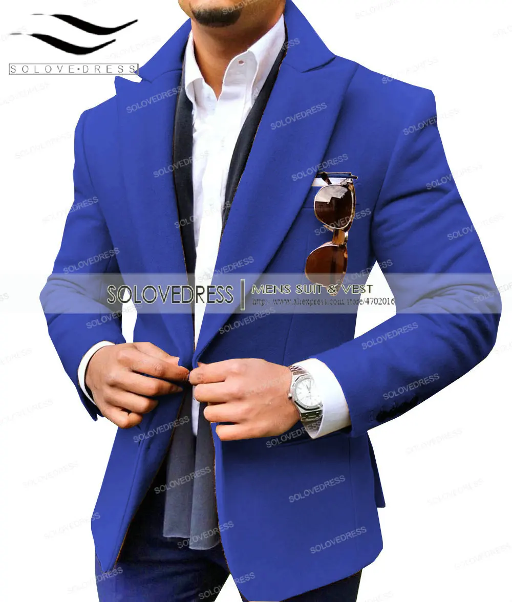 royal Blue Коричневый пиджак для мужчин, для отдыха, шерсть, твид, балзер, формальный, нотч, с отворотом, Бизнес Стиль, приталенный смокинг, Женихи, для мужчин, зимнее пальто - Цвет: royal Blue