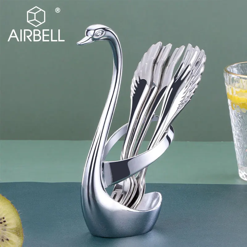 airbell stainless steel cutlery spoon fork holder dinnerware swan fruit base salad coffee flatware tableware kitchen gadget sets free global shipping