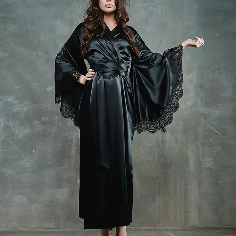 Новинка 2019 однотонные халаты женская черная красная ночная рубашка с длинным