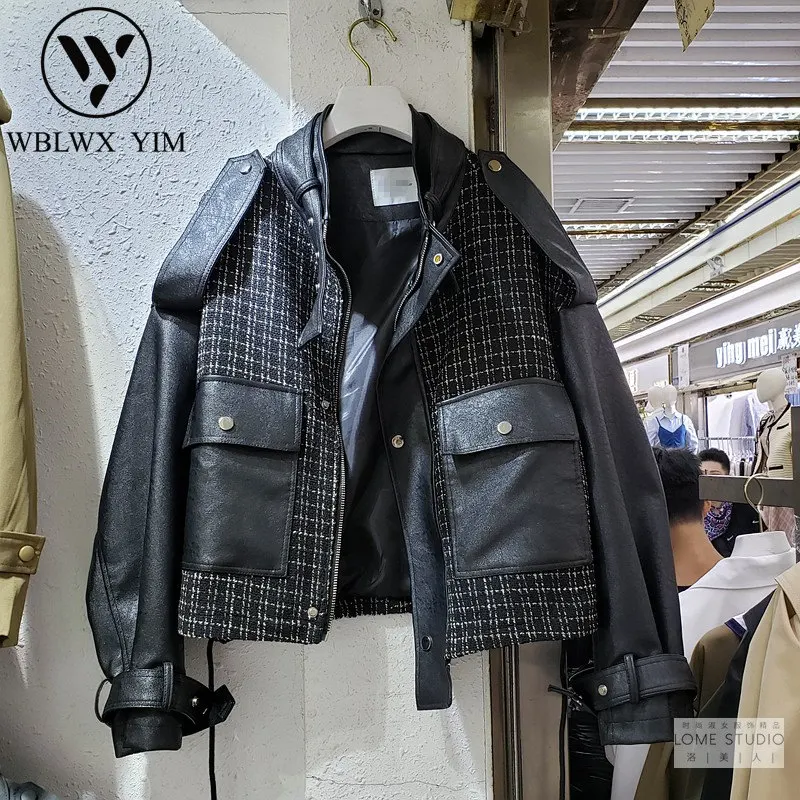 

Patchwork Women Fashion PU Leather Jacket Black Biker Short Coat Pocket Zipper Loose Faux Leather Jacket Motorcycle Coat Female