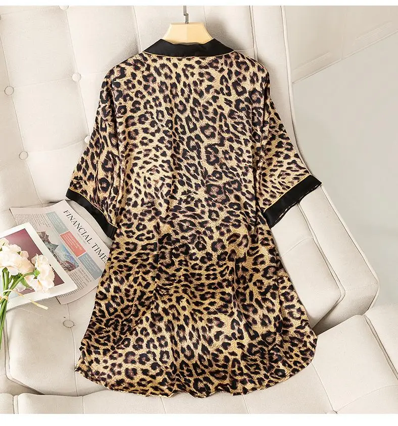 

Sexy Leopard Loungerwear Sleepwear Satin Turn-down Collar Homewear Short Women Nightgown Intimate Lingerie Summer New Nightwear