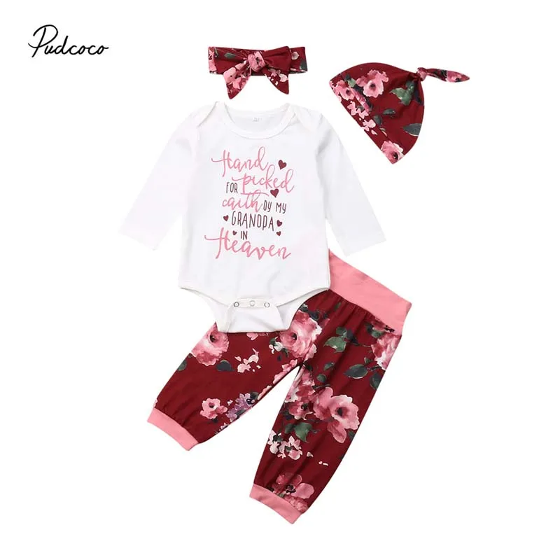 2019 Baby Spring Autumn Clothing Newborn Infant Girl Floral Outfits Clothes Long Sleeve Romper+Pants+Headband+Hat 4Pcs Set | Мать и