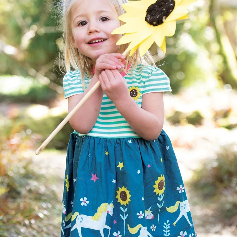 

New Summer Sun flower Children Dresses European American Kids Girls Dress Fashion Striped Short Sleeve Princess Dresses