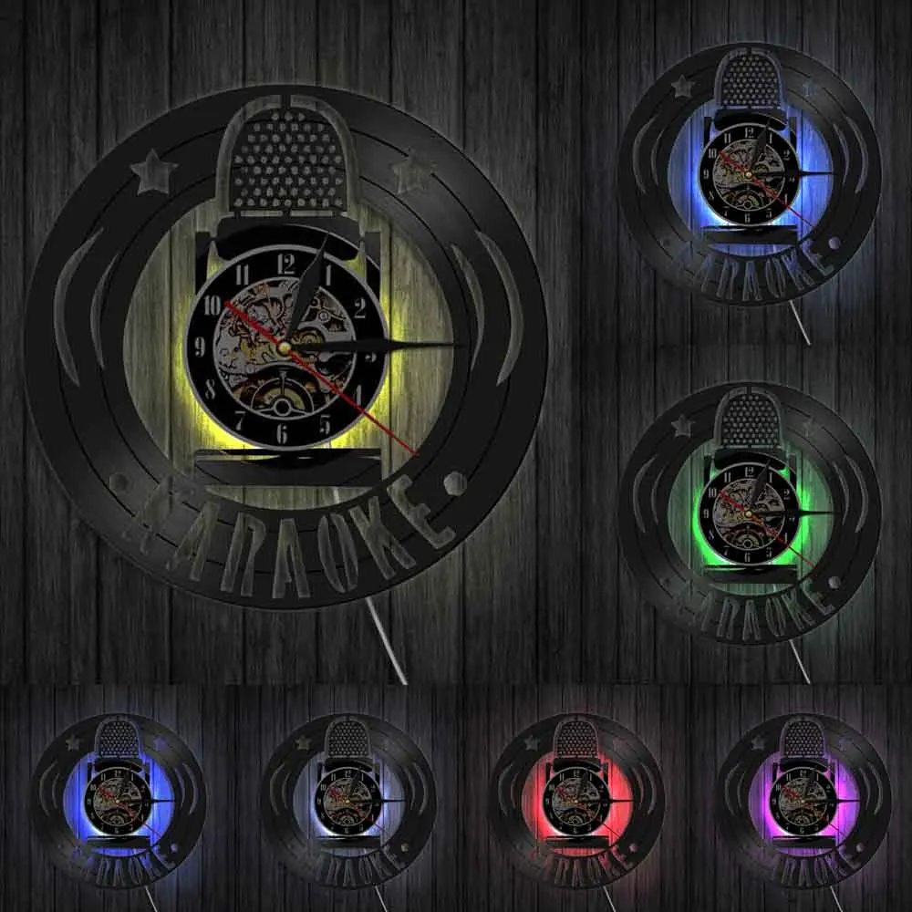 

Karaoke Music Band Modern Vinyl Record Wall Art Clock Laser Cutting Microphone Music Instrument KTV Party Decor Clocks Watch