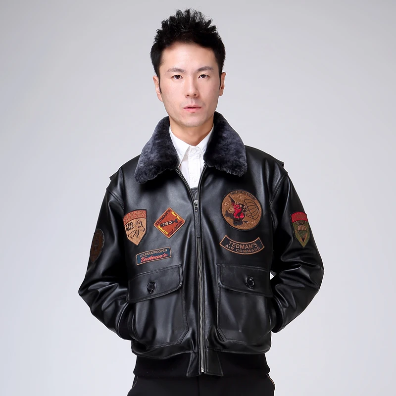 

Genuine New Men's Leather Pilot Jacket Wool Collar Fat loose large size sheepskin Male Short Slim Fit Aviator Winter Coats