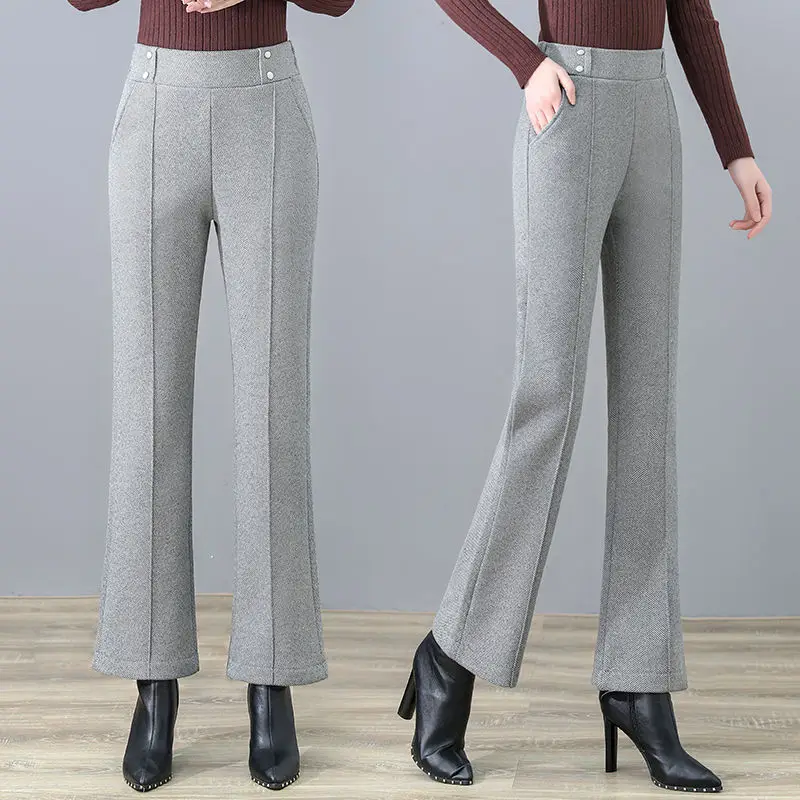 

New Autumn Winter High Waist Woolen Trousers 2022 Solid Color Elastic Waist Full Length Pants Slim Elegant Pants For Women