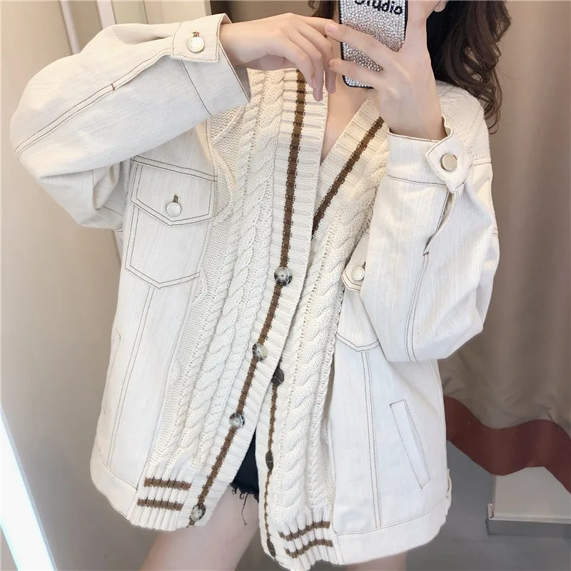 Женский Короткий трикотажный джинсовый свитер однобортная винтажная куртка с