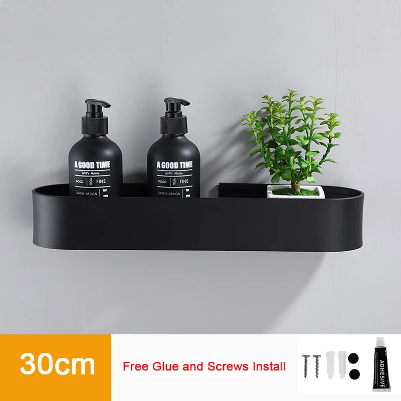 

Black Bathroom Shelf Kitchen Wall Shelves Shower Basket 30-50cm Length Storage Rack Towel Bar Robe Hooks Bathroom Accessories