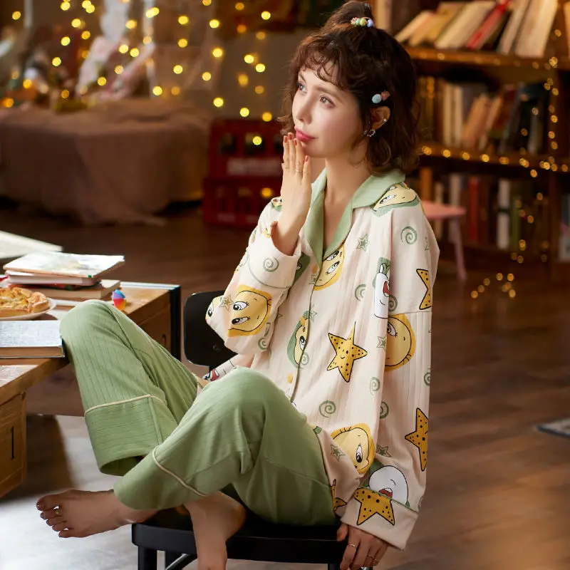Pajamas Women Spring and Autumn Cotton Long-sleeved Lapel Suit Sweet and Cute Cartoon CasualInsWindCanWearOutsideTheHomeClothing