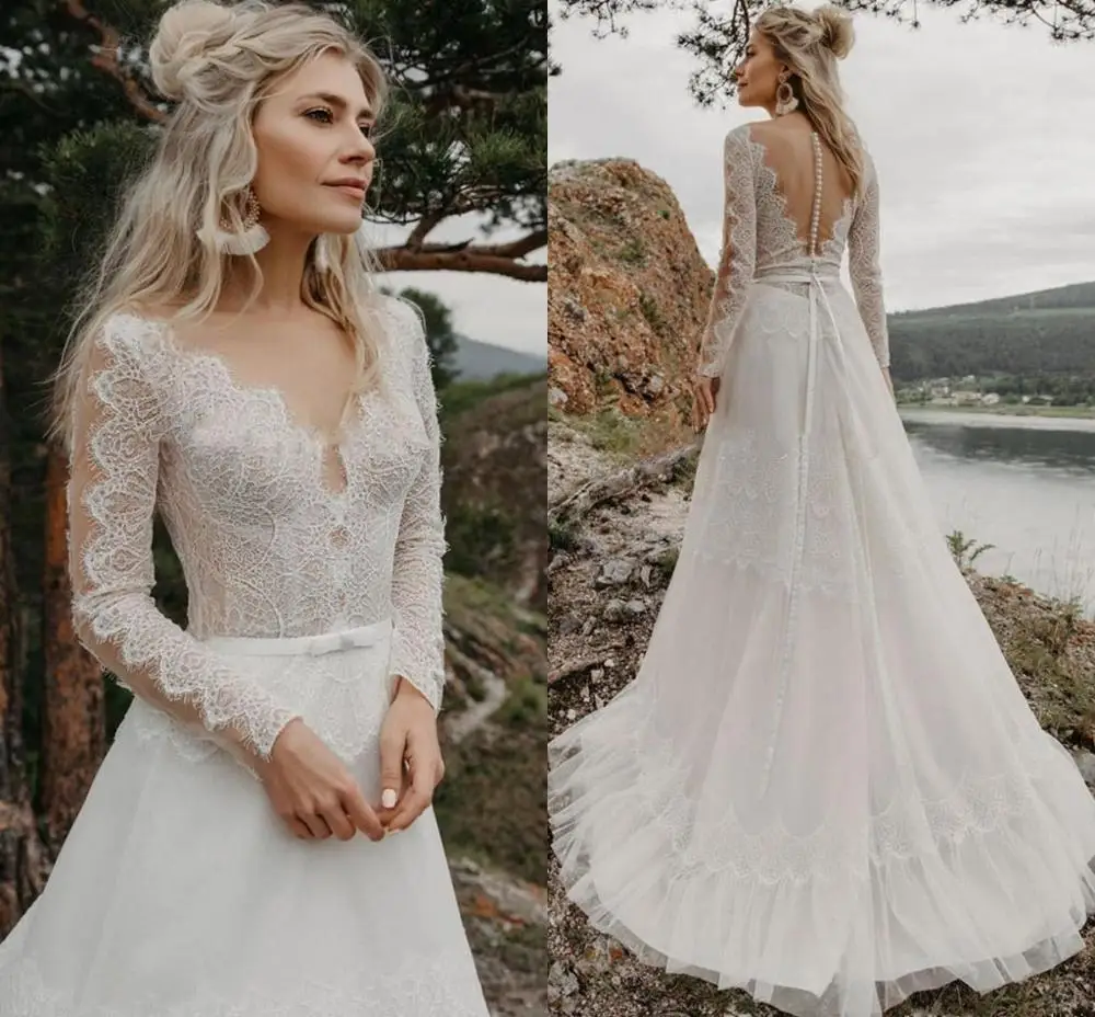 

New V-Neck Long Sleeves Appliques Lace Wedding Dresses 2021 Boho Bridal Gowns Custom Formal Beach Robe De Mariee