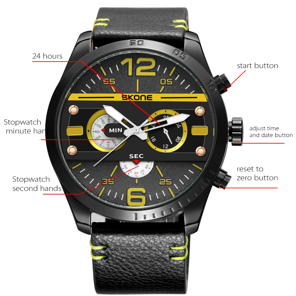 Часы SKONE Мужские кварцевые с большим циферблатом спортивные водонепроницаемость