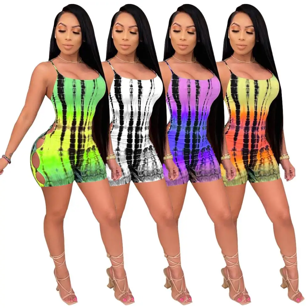 

Women's Summer Casual Romper Skinny Spaghetti Strap Short Jumpsuits Digital Print Lace Up Backless Bodycon Club Short Playsuits