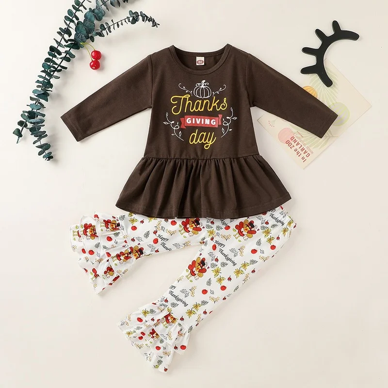 

KIDS Toddler Thanksgiving Baby Girls Outfit Clothes Gril Set T-shirt Tops Dress+Leggings Pants Children Clothing Sets 1-5Y