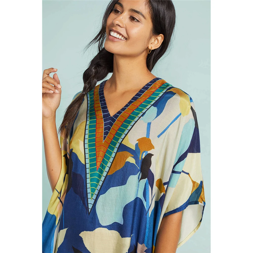 Бохо С глубоким v-образным вырезом печати Пляжная накидка размера плюс Кафтан