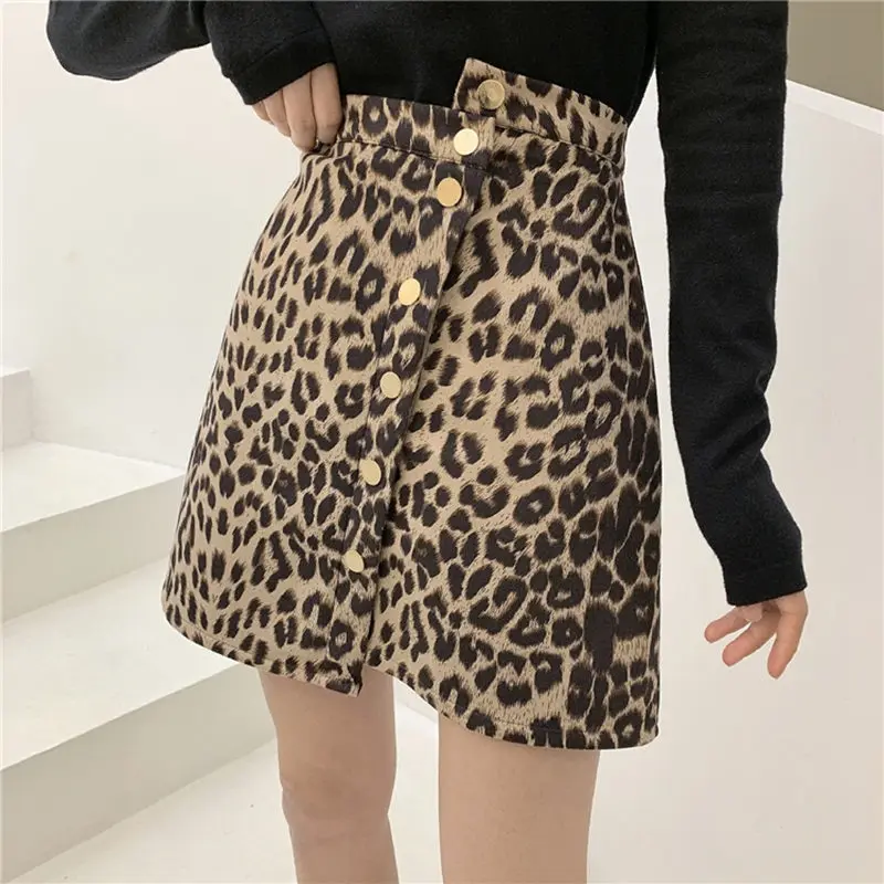 brown women skirt RealShe Женская мини юбка с высокой талией леопардовые кнопки с рисунками Асимметричная леопардовая юбка Женская весенне-осенняя Повседневная Jupe Femme - Цвет: brown women skirt
