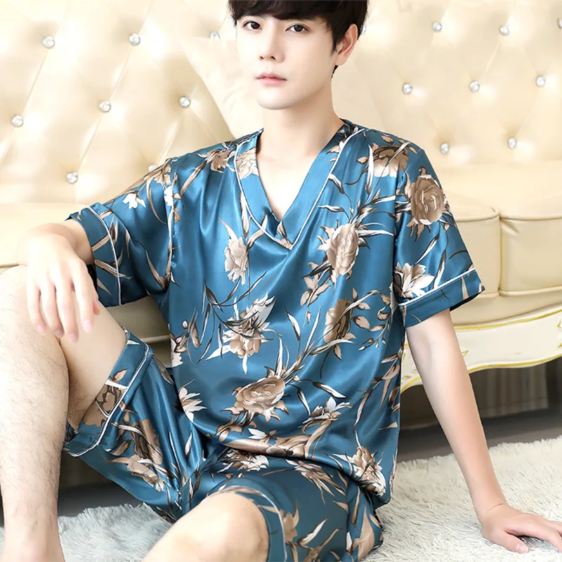 (Top + Pants) Men's Ice Silk Short Sleeve Pajamas Suit Casual Comfortable Trend Printing Loose Thin Lapel Cardigan Home Service