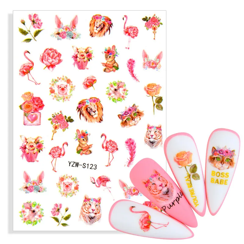 

1 Sheet Flamingo Rainforest Nail Art stickers Colorful Flowers Leaves Lion Animal Nails Decoration Decals