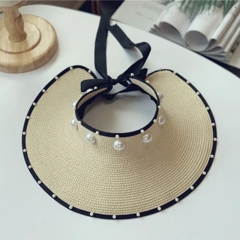 

2021 New Women Pearl Headband Hat Visor Caps For Girls Beach Hats Fashion Cap Lady Summer Straw Sun Hat