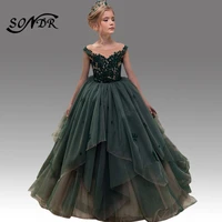 blackish green flower girl dresses ht079 elegant tiered tulle lace girls ball gown kids first communion party decorations