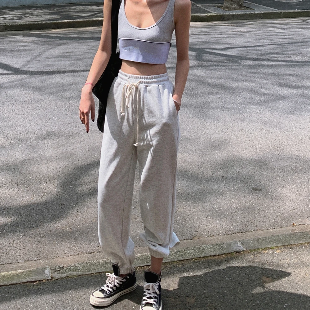 

Fashion Grey Joggers Women Pants Korean Style Loose Sweatpants Women's Empty Trouser Leg Cutout Gothic Harajuku Sports Slacks