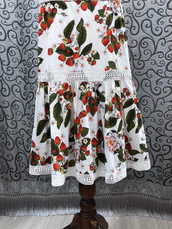 

Strap Dress 100%Cotton 2021 Summer Style Women Sweet Fruit Print Lace Patchwork Midi Party Sexy Casual Mermaid Dress White Blue