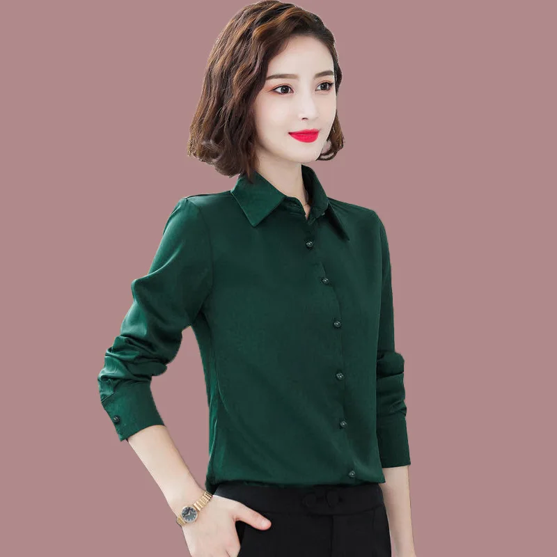 

5XL Spring Autumn Solid Green White Blouse Women Shirt White Tops Casual Turn Down Collar Long Sleeve Slim Work Shirts Blusas