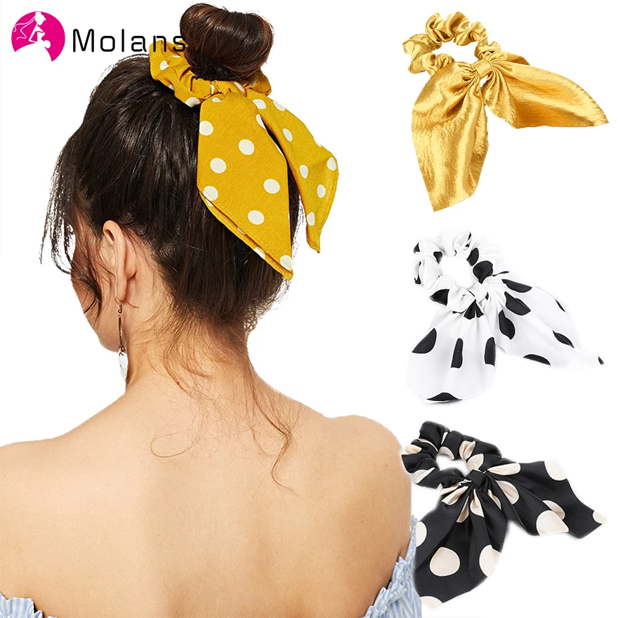 Моланская Корейская простая однотонная веревка для волос в горошек, шифоновая резинка для волос с ушками, женские резинки для волос с бантом