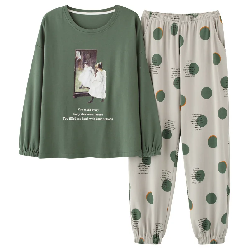 

Autumn 2020 new cotton pajamas women tight round neck Korean fashion loose home wear set manufacturers direct sales Homewear