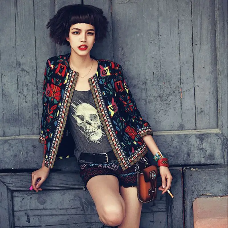 Куртка женская короткая с цветочным принтом модный офисный Кардиган длинным