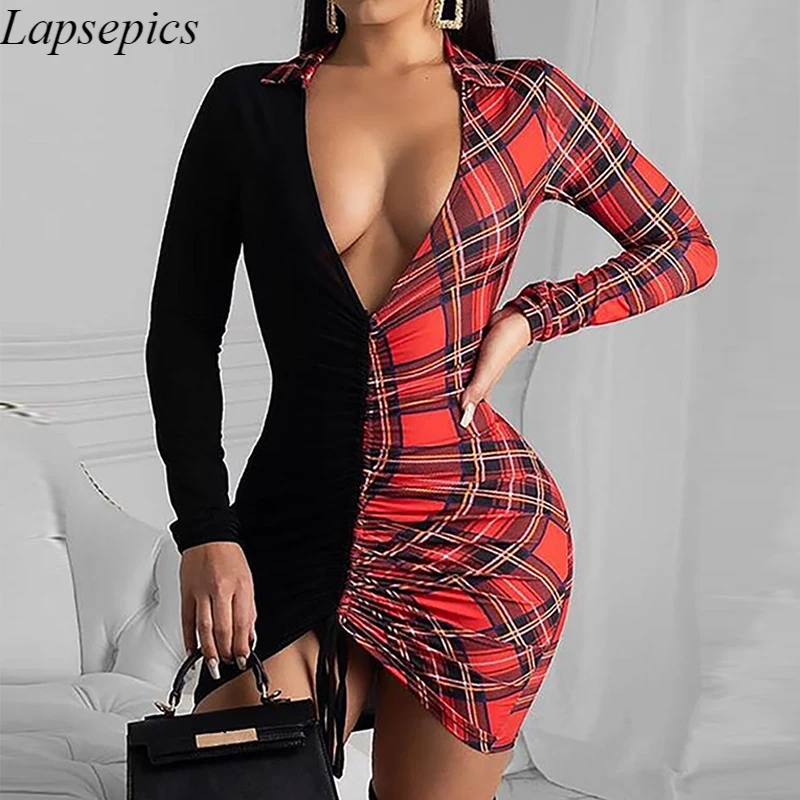 

Summer Women Plaid Stitching Drawstring Ruffle V Neck Sexy Midi Dress Plus Size Bodycon Long Sleeve Dress Club Office Lady Dress