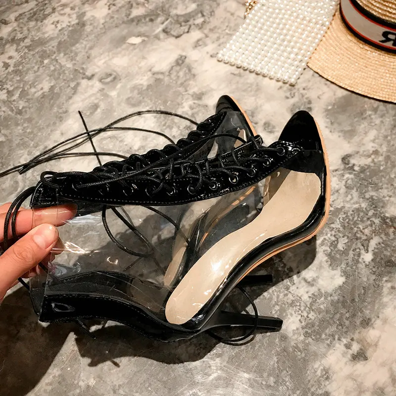 Модные прозрачные летние женские ботильоны на тонком высоком каблуке короткие