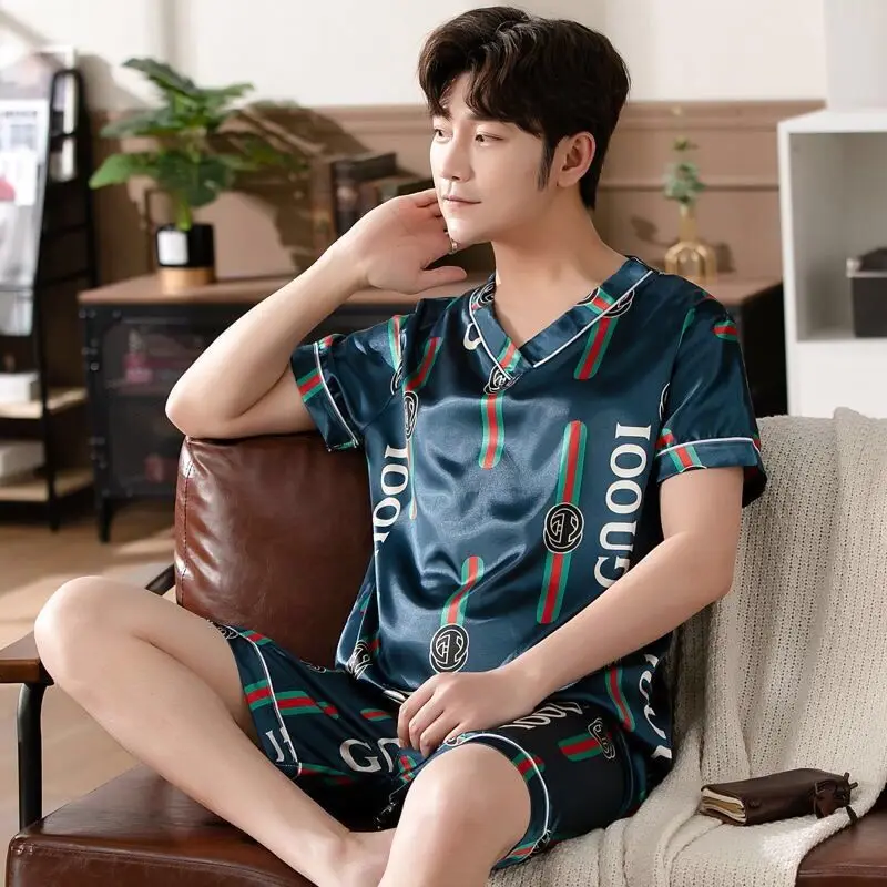 Men Satin Silk Pajamas Set for Men Short Sleeve V-Neck Summer Casual Sleepwear Pyjama Male Homewear Lounge Wear Clothes